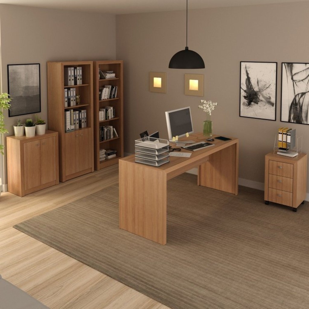 Conjunto 5 Peças com Mesa para Escritório, Armário Baixo, Alto, Estante e Gaveteiro Marrom/Amendoa Amêndoa