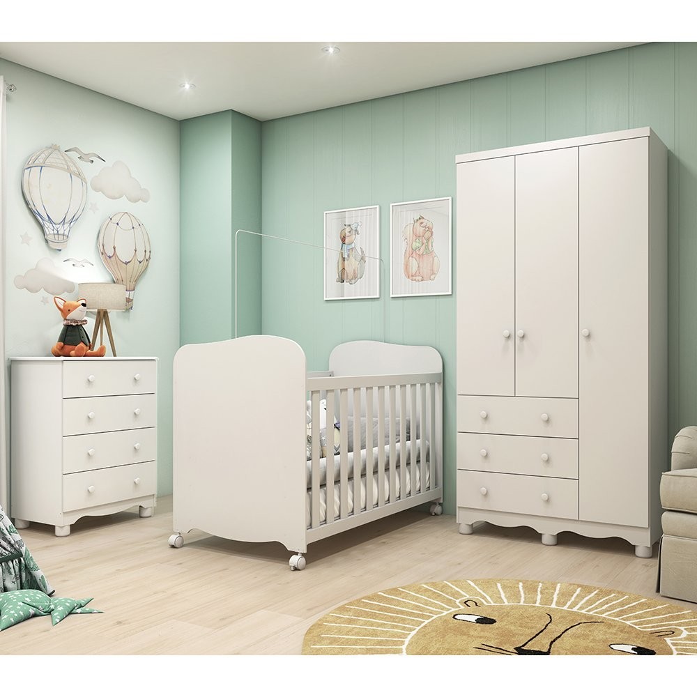 Quarto de Bebê Completo com Berço Guarda Roupa 3 Portas e Cômoda 100% MDF Mimo  Branco Brilho - Mom & Baby