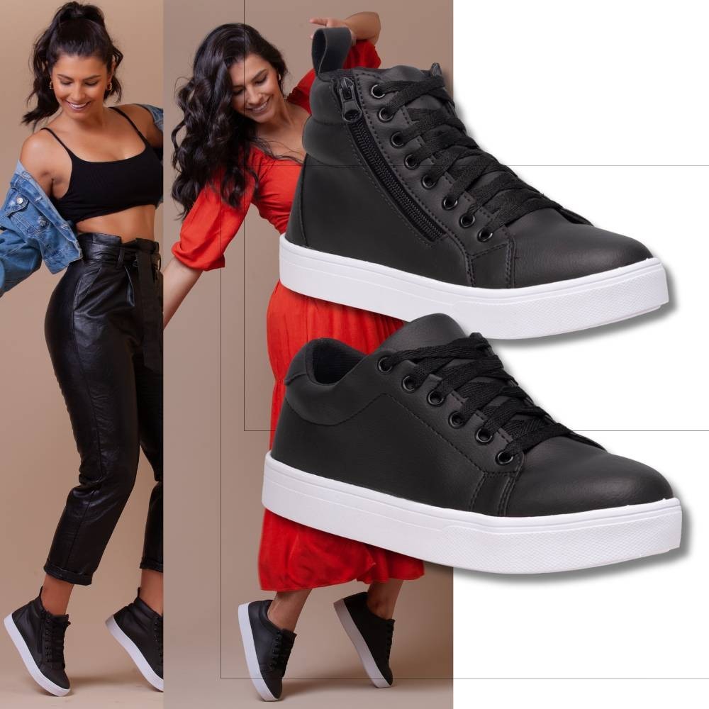 Kit Tênis Feminino Preto Clássico + Tênis Feminino Cano Longo Preto Para Um Visual Moderno.