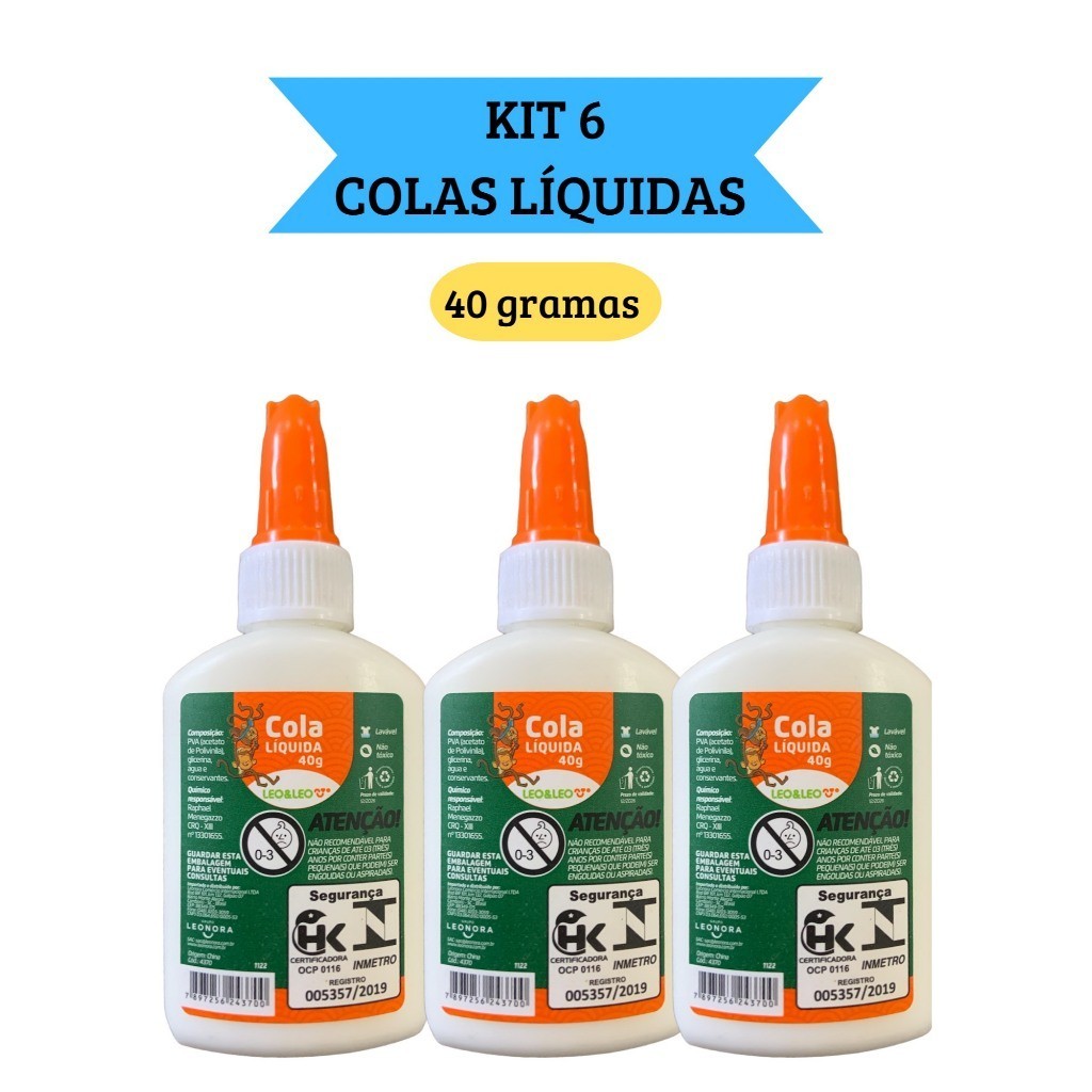 Kit 6 Cola Líquida Branca Escolar 40g com espátula Leo&Leo em Oferta na Shopee