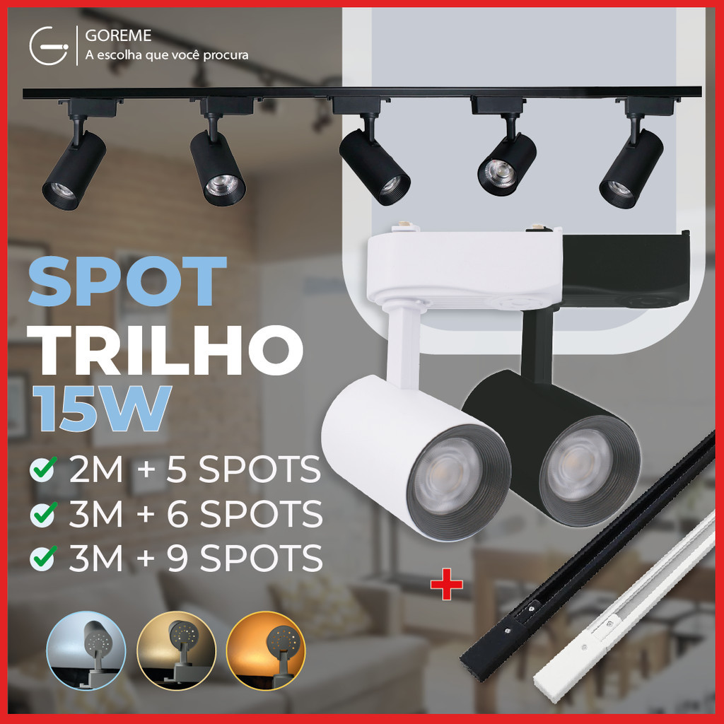 Trilho Spot LED para trilho eletrificado + Trilho + Conector Tubinho Preto e Branco 15W 360°  Bivolt  | Acompanha Trilho - Home & Living