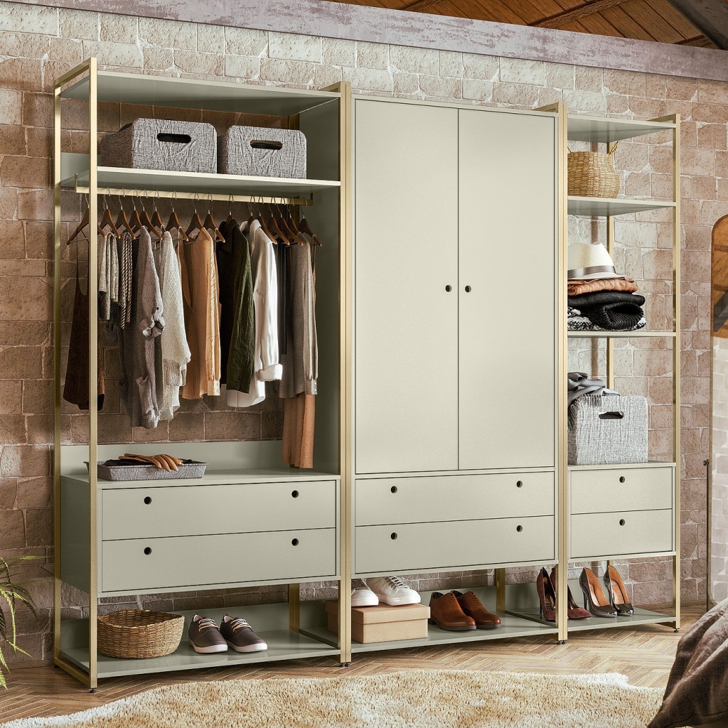 Guarda Roupa Modulado Closet Industrial  2 Portas 6 Gavetas Off White Olivar Móveis em Oferta na Shopee