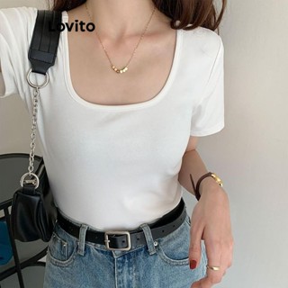 Lovito Camiseta Casual Lisa Com Gola Em U Para Mulheres LNE49450