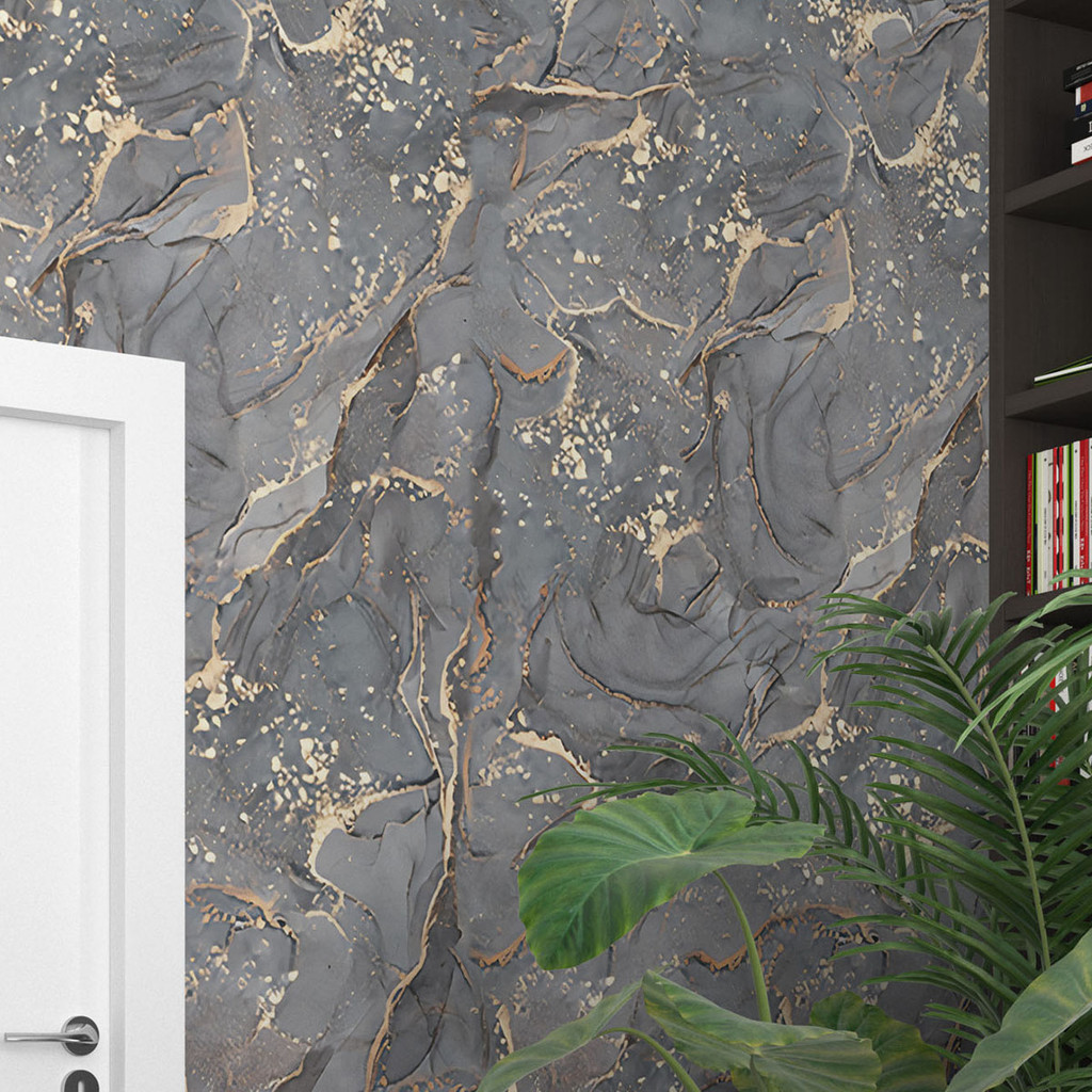 Imagem Papel de Parede Adesivo LavávelCinza Gold Marmorizado Cozinha  Decorativo Quarto Sala