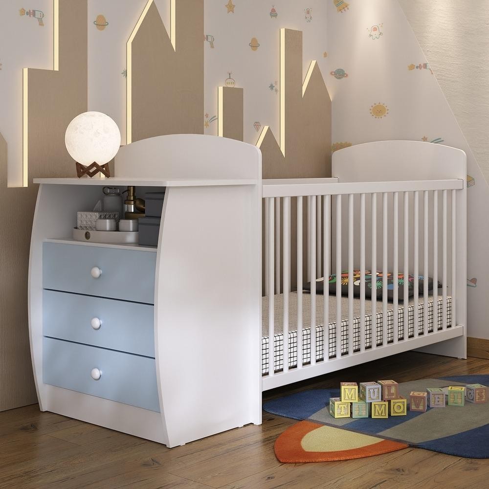 Berço Cômoda com Colchão Incluso Colinho de Mãe Multimóveis Branco/Azul em Oferta na Shopee
