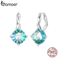 Brincos Bamoer 925 Sterling Sliver Hoop De Turmalina Azul-Verde Design Jóias Presentes Para Mulheres