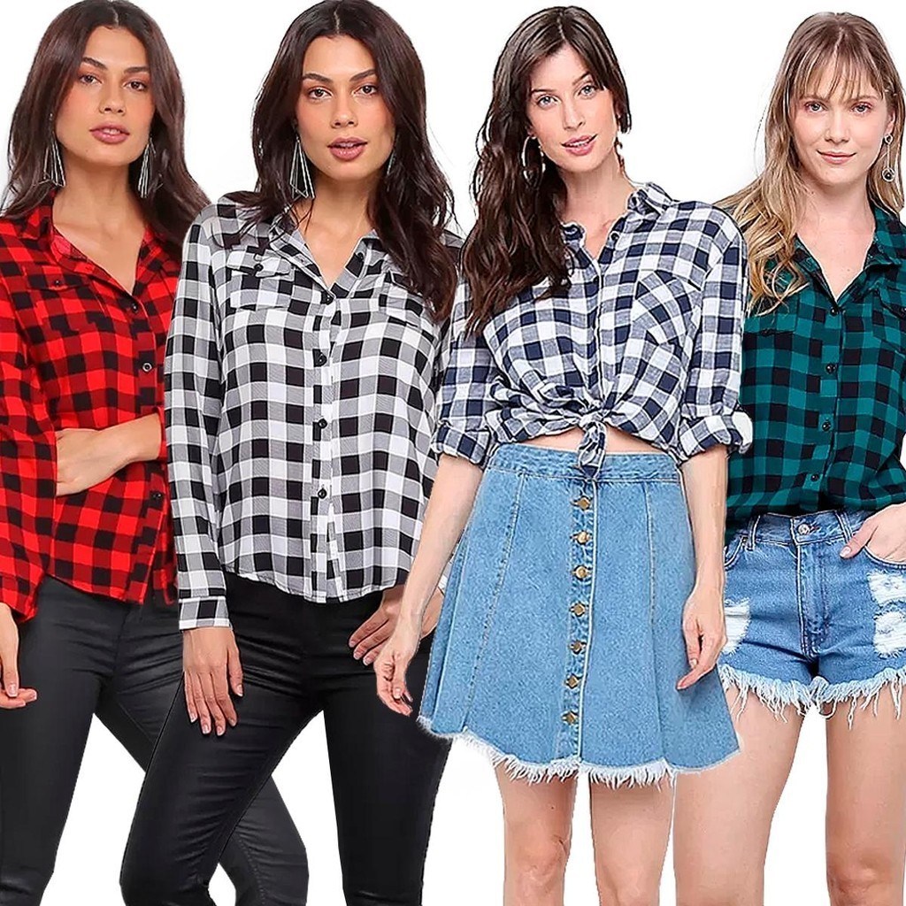 camisa xadrez feminina country Manga Longa blusa adulta Várias Cores em Oferta na Shopee