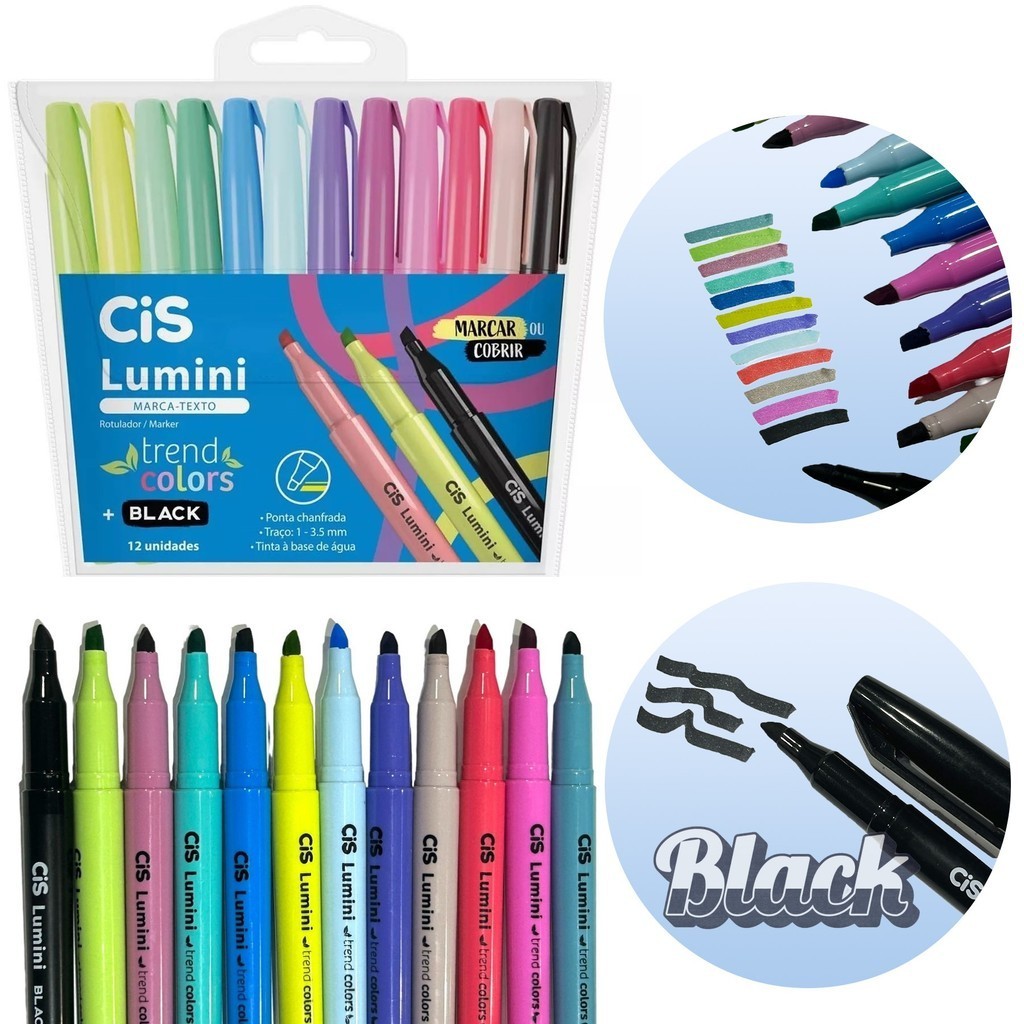 Marca Texto CIS Lumini Trend Colors + Black 12 Cores Estojo (Cores Novas) em Oferta na Shopee