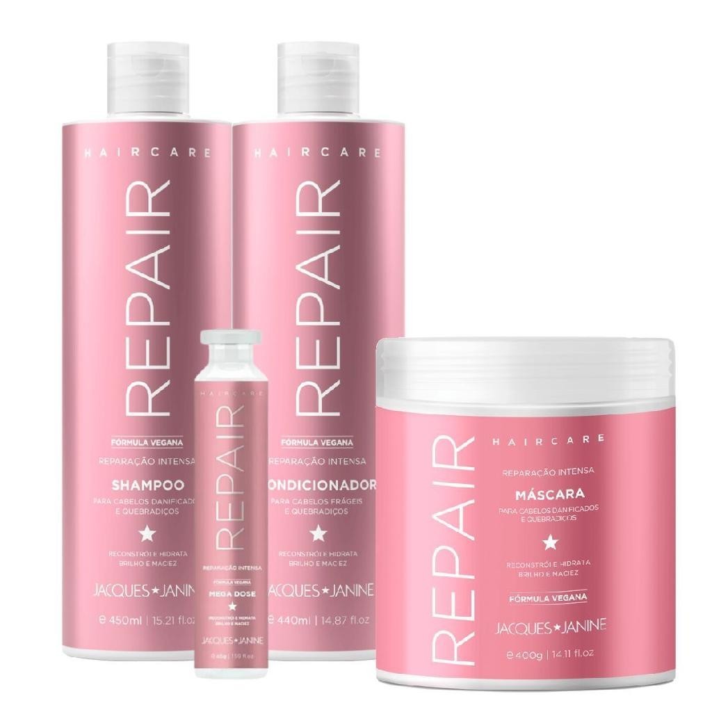 Kit Jacques Janine Hair Care Repair Shampoo 450ml Condicionador 440ml Máscara 400g Ampola 45g em Oferta na Shopee