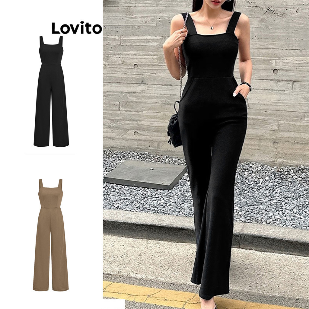Lovito Macacão Elegante Com Bolso Liso E Plissado Para Mulheres L77ED326 (Multicolorido) - Women Clothes