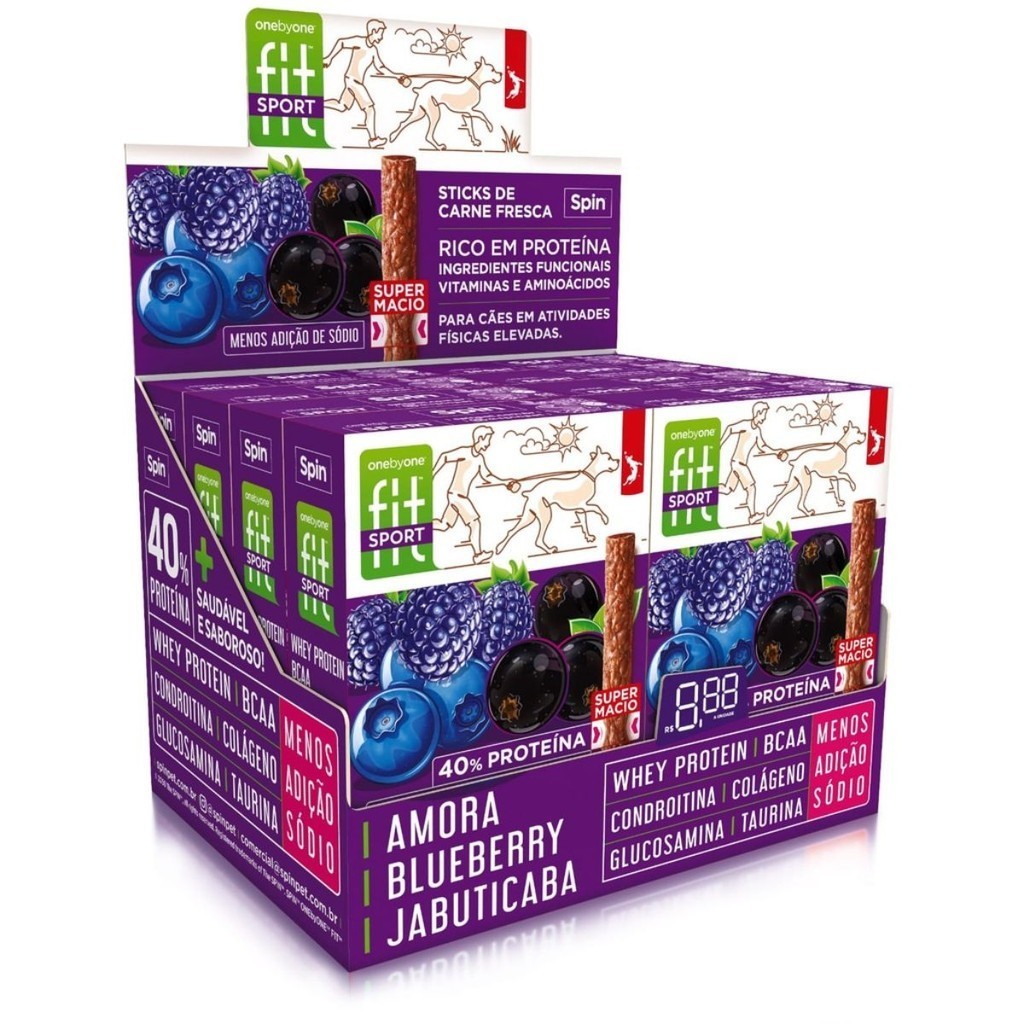 Kit 16 Petisco Stick Fit Spin Pet Sport Amora, Blueberry e Jabuticaba 50g para Cães