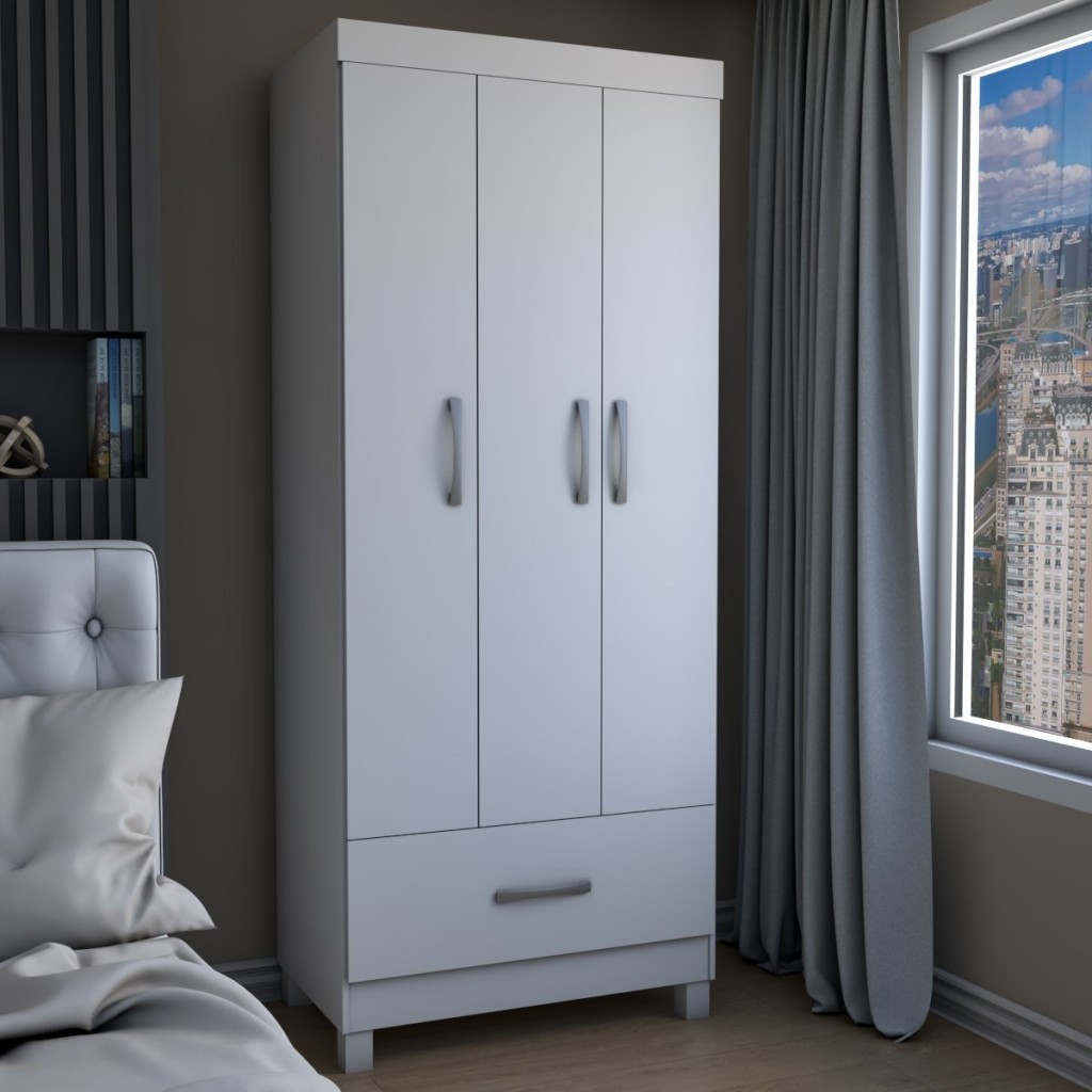 Guarda-Roupa Solteiro Poseidon 3 Portas 1 Gaveta Branco - Panorama Móveis - Home & Living
