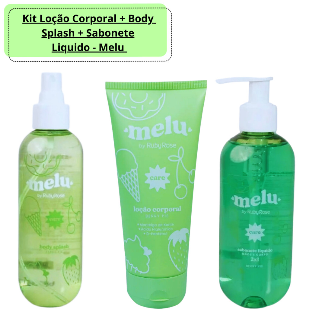Kit Loção Corporal + Body Splash + Sabonete Liquido Berry Pie - Melu by Ruby Rose