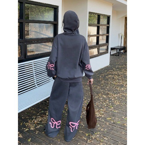 2 Peças/Conjunto Conjunto de Moletom com Capuz e Calça com Estampa de Laço para Mulheres MODA OUTONO/INVERNO