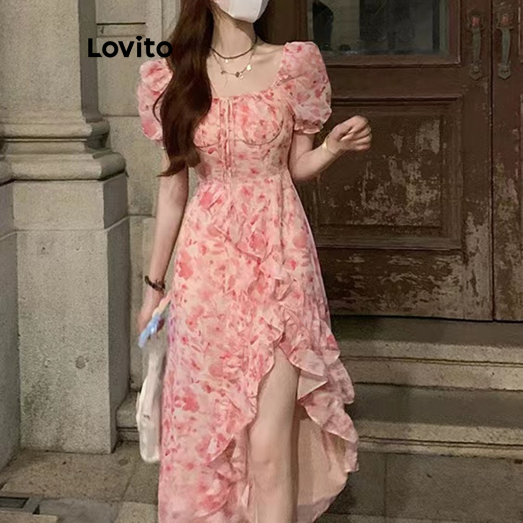 Lovito Vestido Boho Ditsy Floral Ruffle Pescoço Quadrado Vestido Manga Puff Para Mulheres LNE17146 (Multicolorido)