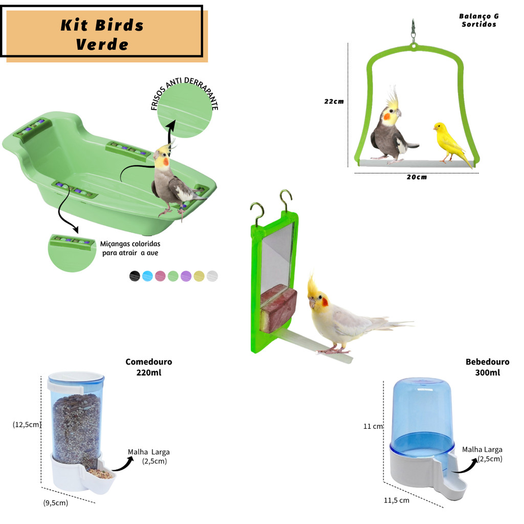 Kit Birds - 1 Comedouro 220ml+1 Bebedouro 300ml+1 Bica Bica+1 Banheira Aves+1 Balanço G - Calopsita  Passaros Diversos