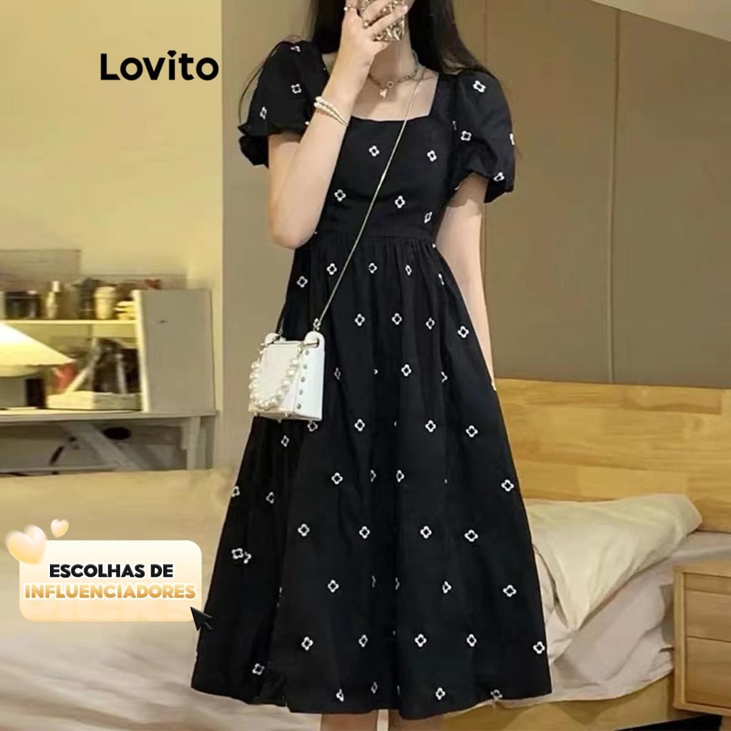 (KOL‘s pick) Lovito Vestido Casual com Mangas Bufantes Florais e Decote Quadrado para Mulheres LNE05105 (Multicolorido) em Oferta na Shopee
