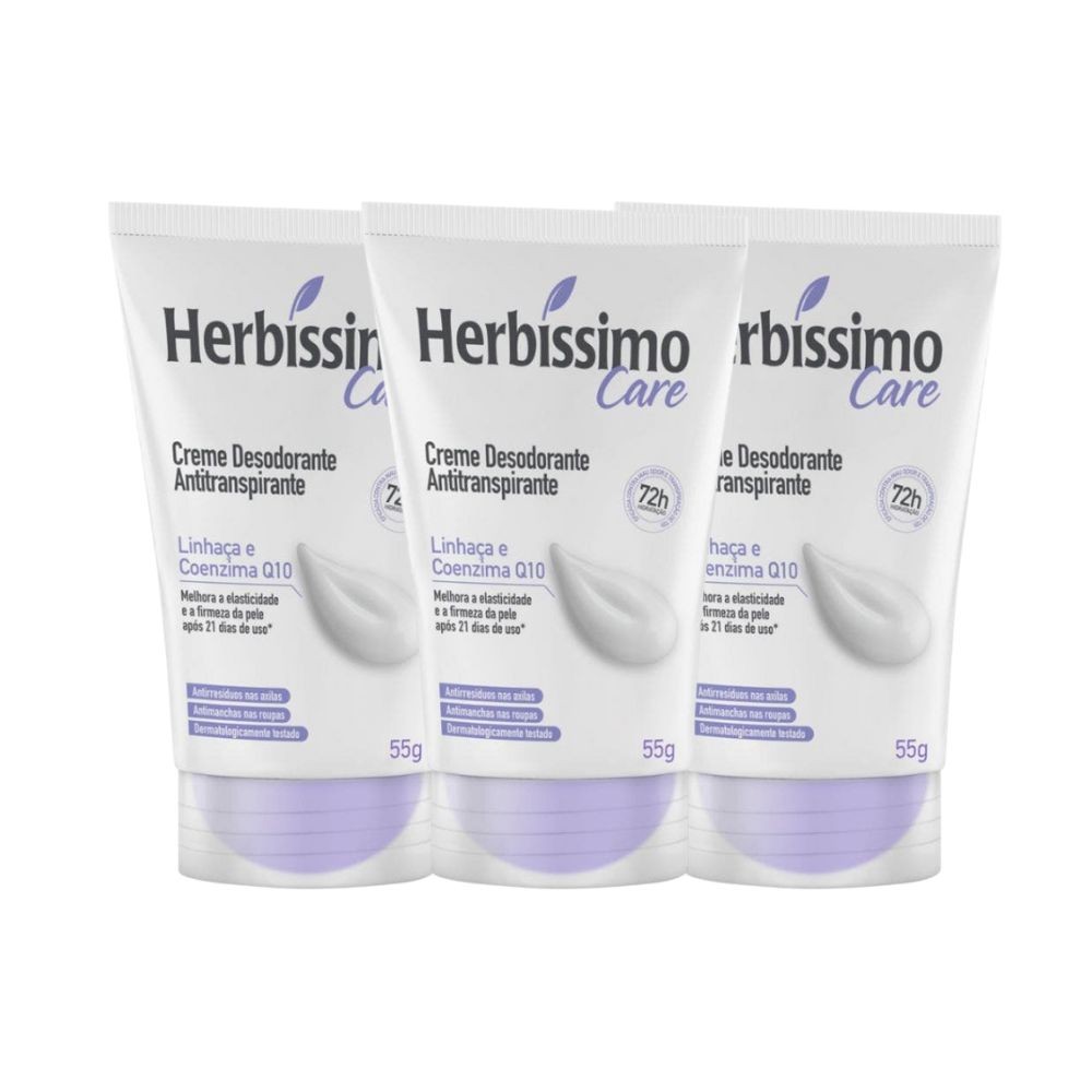 Kit Desodorante Cremoso Herbíssimo Care Linhaça E Coenzima Q10 55g (3 unidades) em Oferta na Shopee