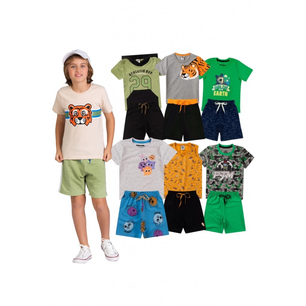 Kit Sortido 12 Peças de Roupas Infantis Masculino Verão - 6 Camisetas + 6 Bermudas em Oferta na Shopee