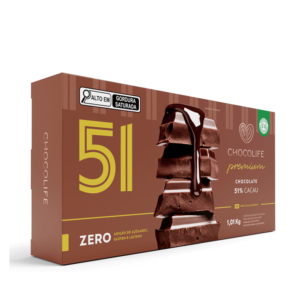 Barra de Chocolate Premium 51% Cacau Zero Açúcar 1kg Chocolife