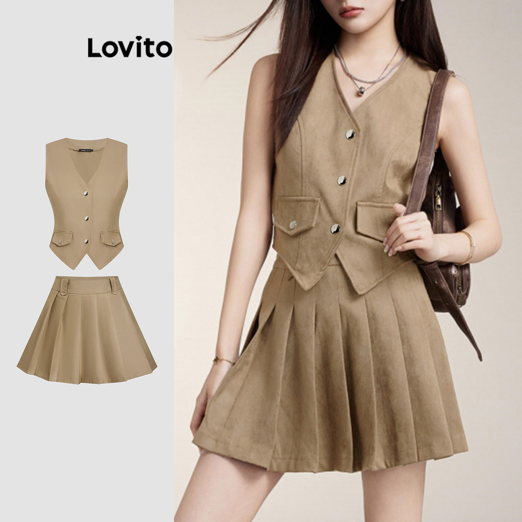 Lovito Conjuntos casuais de saia plissada com zíper e botão liso para mulheres L117AD211 - Women Clothes