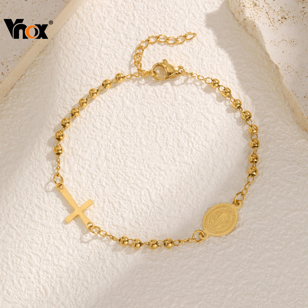 Vnox Tricolor Contas Virgem Maria Jesus Cruz Pulseira Para Mulheres , Aço Inoxidável Delicada Oração Cristã Jóias em Oferta na Shopee