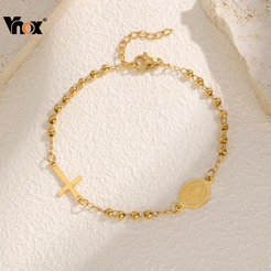 Vnox Tricolor Contas Virgem Maria Jesus Cruz Pulseira Para Mulheres , Aço Inoxidável Delicada Oração Cristã Jóias