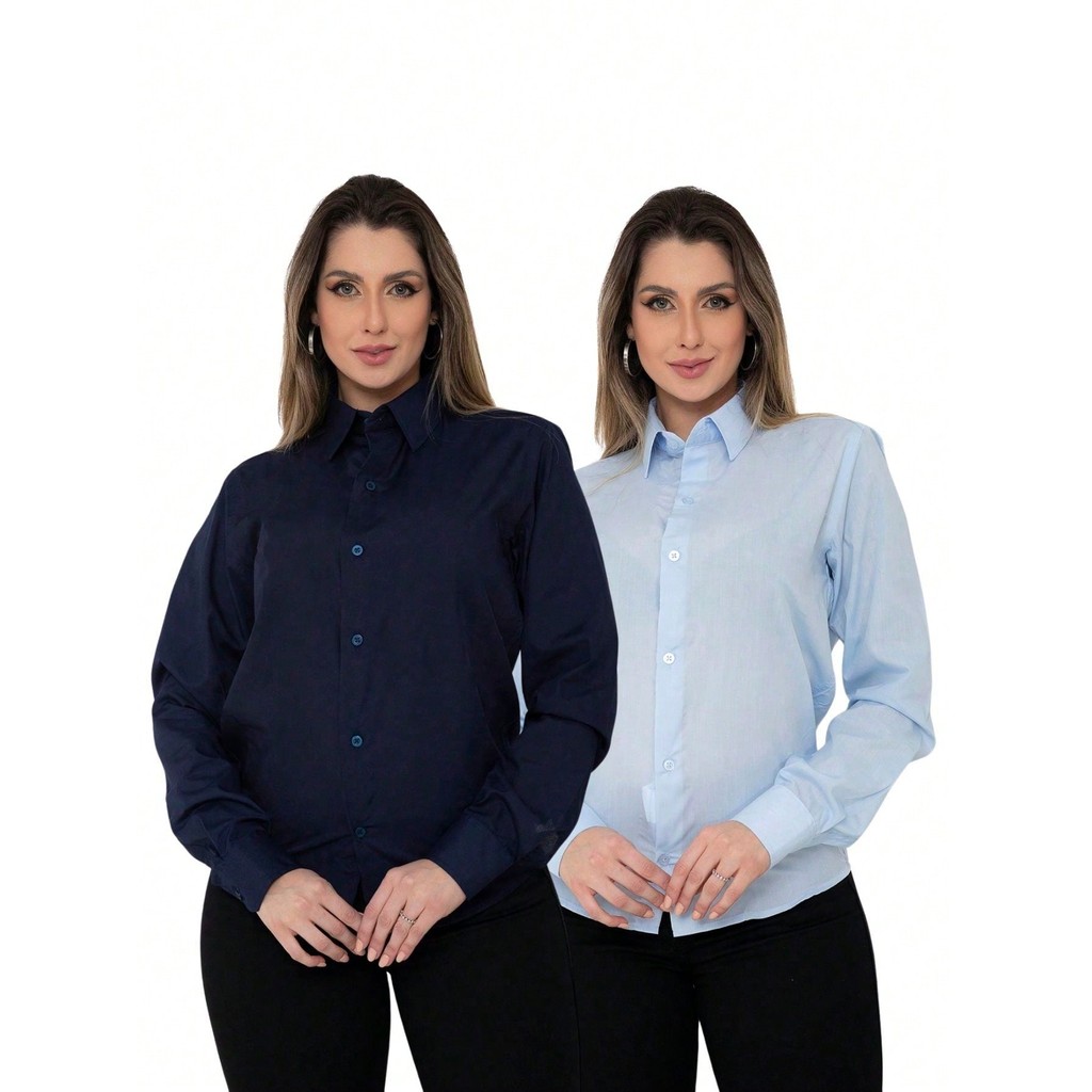 KIT Feminino 2 Peças - Camisa Social Manga Longa Slim Lisa Azul Bebê e Camisa Social Manga Longa Slim Lisa Azul Marinho