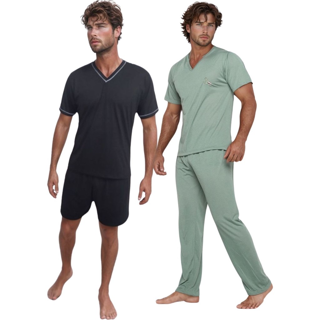 Kit 2 Pijamas Masculino Adulto Camisa Manga Curta e Short e Camisa Manga Curta e Calça Comprida