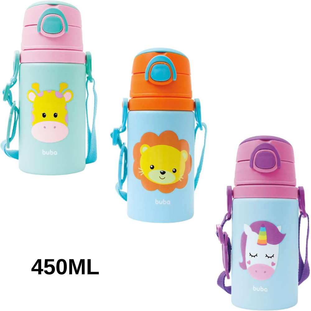 GARRAFINHA DE ALUMINIO ANIMAL FUN BUBA COM CANUDO E ALÇA +3 ANOS 450ML em Oferta na Shopee