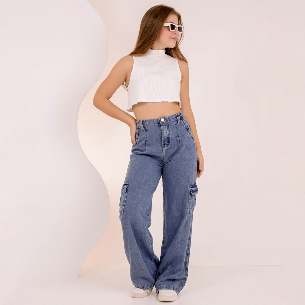 Calça Cargo Luxo Lisa Jeans Feminina Juvenil Promoção