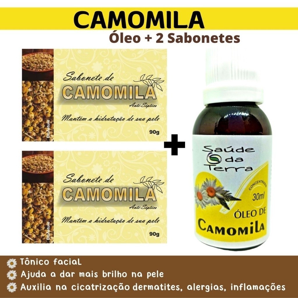 Kit Camomila Hidratante e Cicatrizante - 1 Óleo e 2 Sabonetes