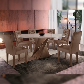 Conjunto Mesa Redonda com Vidro e 6 Cadeiras Tampo 120cmx120cm Barcelona Yescasa Chocolate/Off White/Suede Animale em Oferta na Shopee