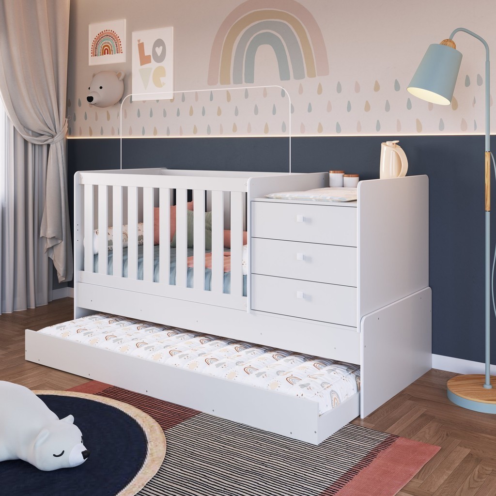 Berço Cama Multifuncional com Cama Auxiliar 3 Gavetas  Branco
