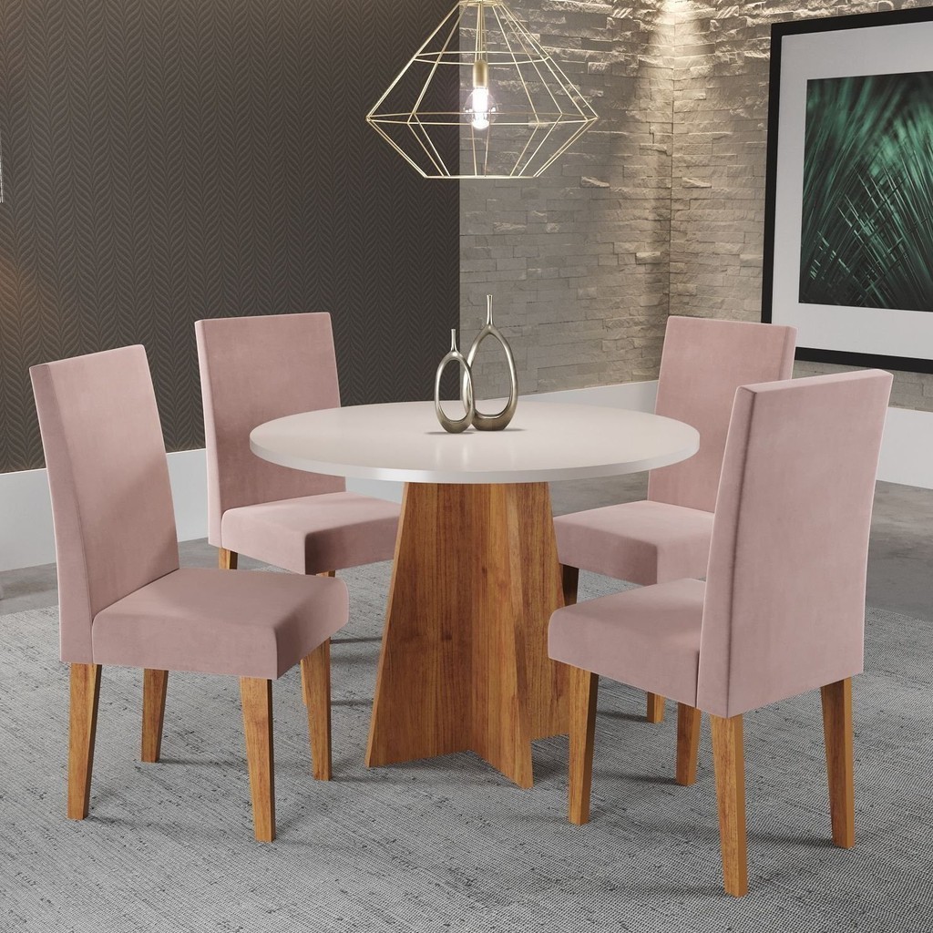 Conjunto Mesa de Jantar Redonda 90cm Spirit com 4 Cadeiras Branco/Mel/Rosa em Oferta na Shopee