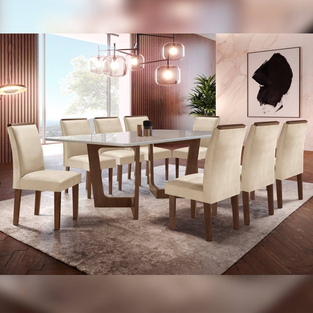 Conjunto Sala de Jantar Nápoles Tampo Vidro/mdf com 8 Cadeiras Luísa Smart Plus Chocolate/Off White/Bege em Oferta na Shopee