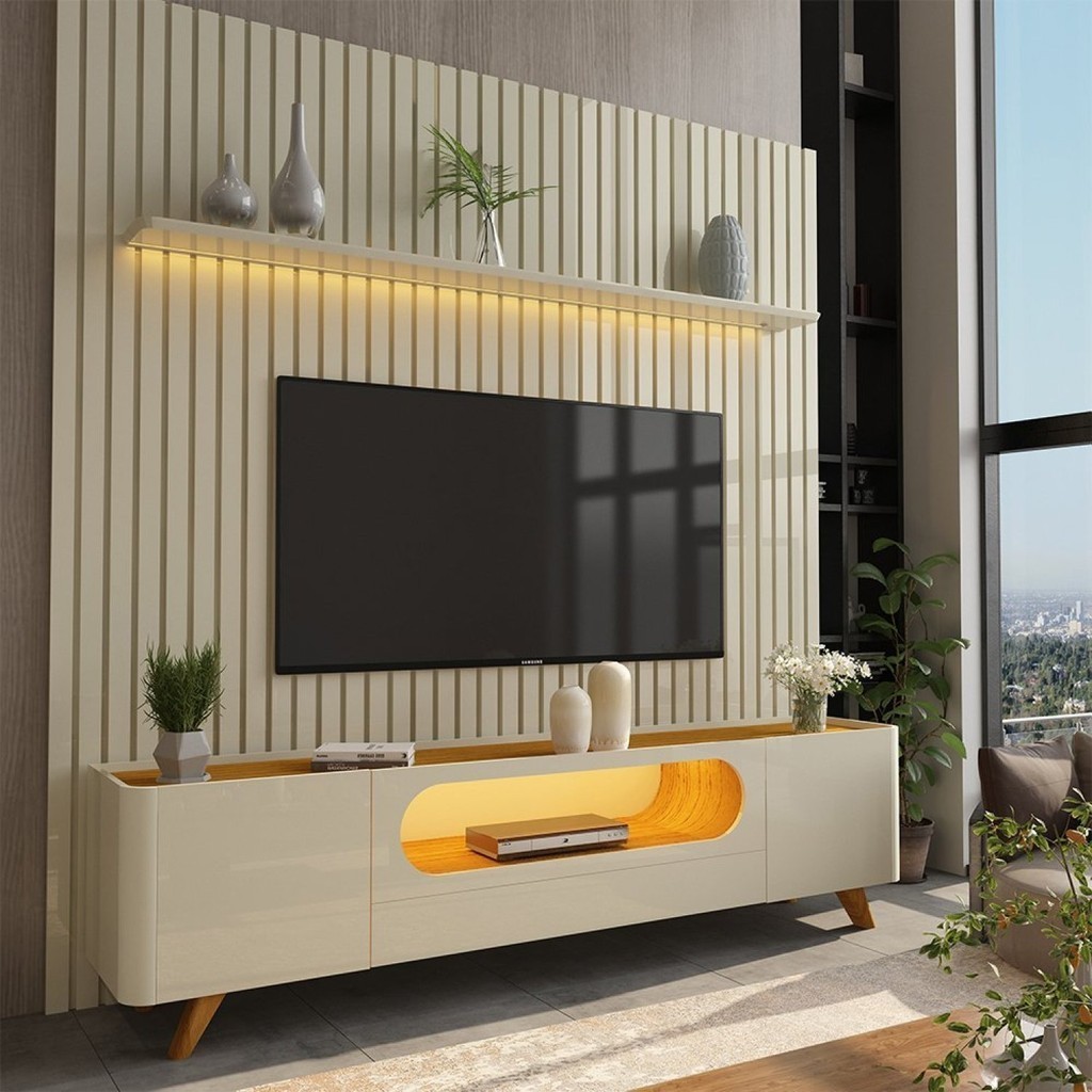 Rack com Painel Ripado para TV até 90 Polegadas 1 Gaveta 2 Portas 1 Prateleira com LED 230cm Nobre 100% MDF Pés em em Oferta na Shopee
