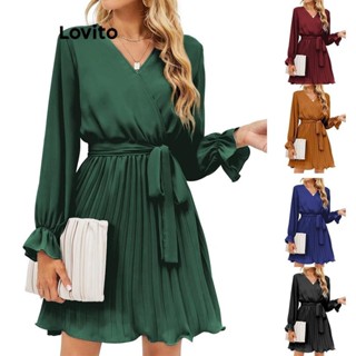 Lovito Vestido feminino elegante liso plissado com cinto LNL51247