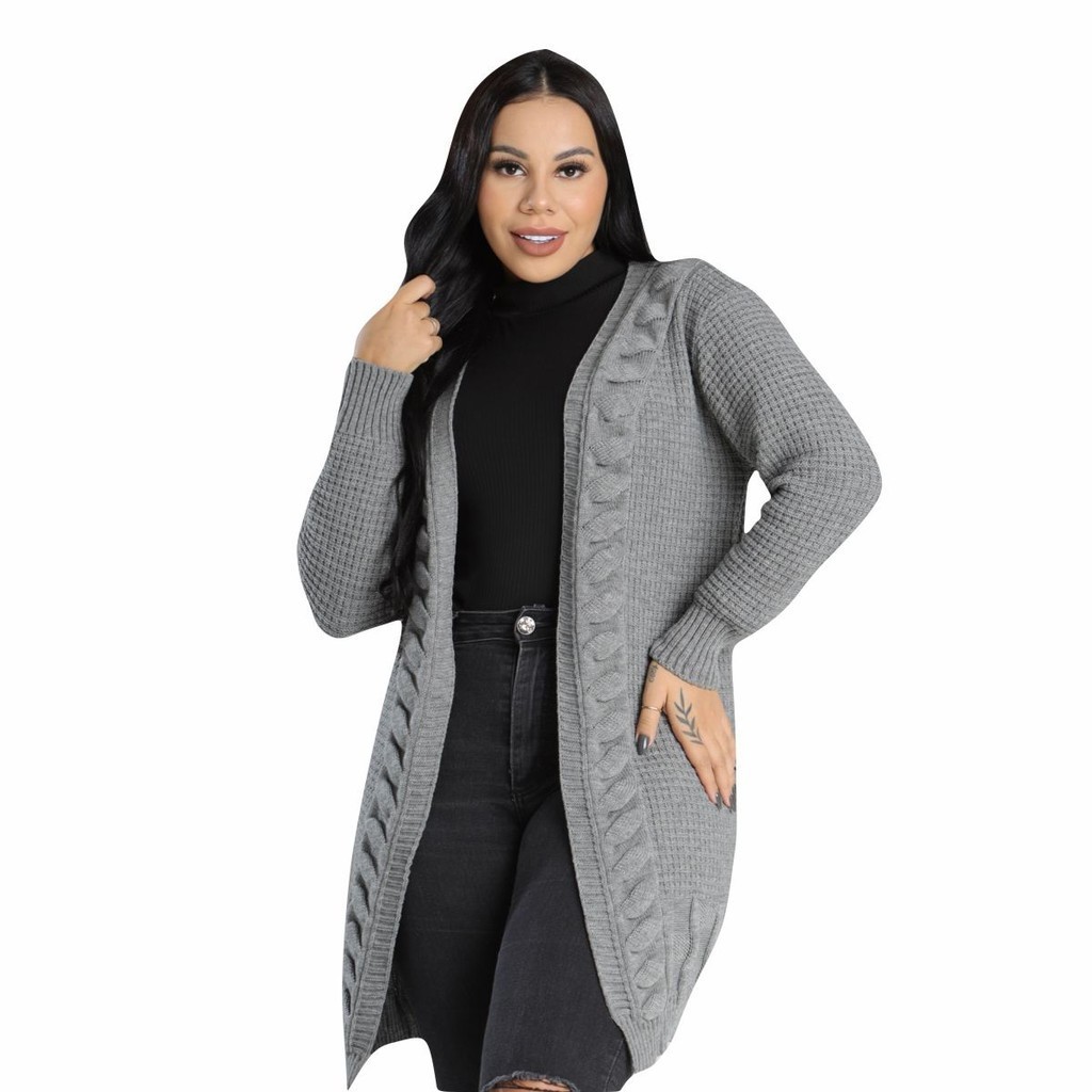 Blusa Casaco Cardigan Listrado Bolso Tricô Manga Longa