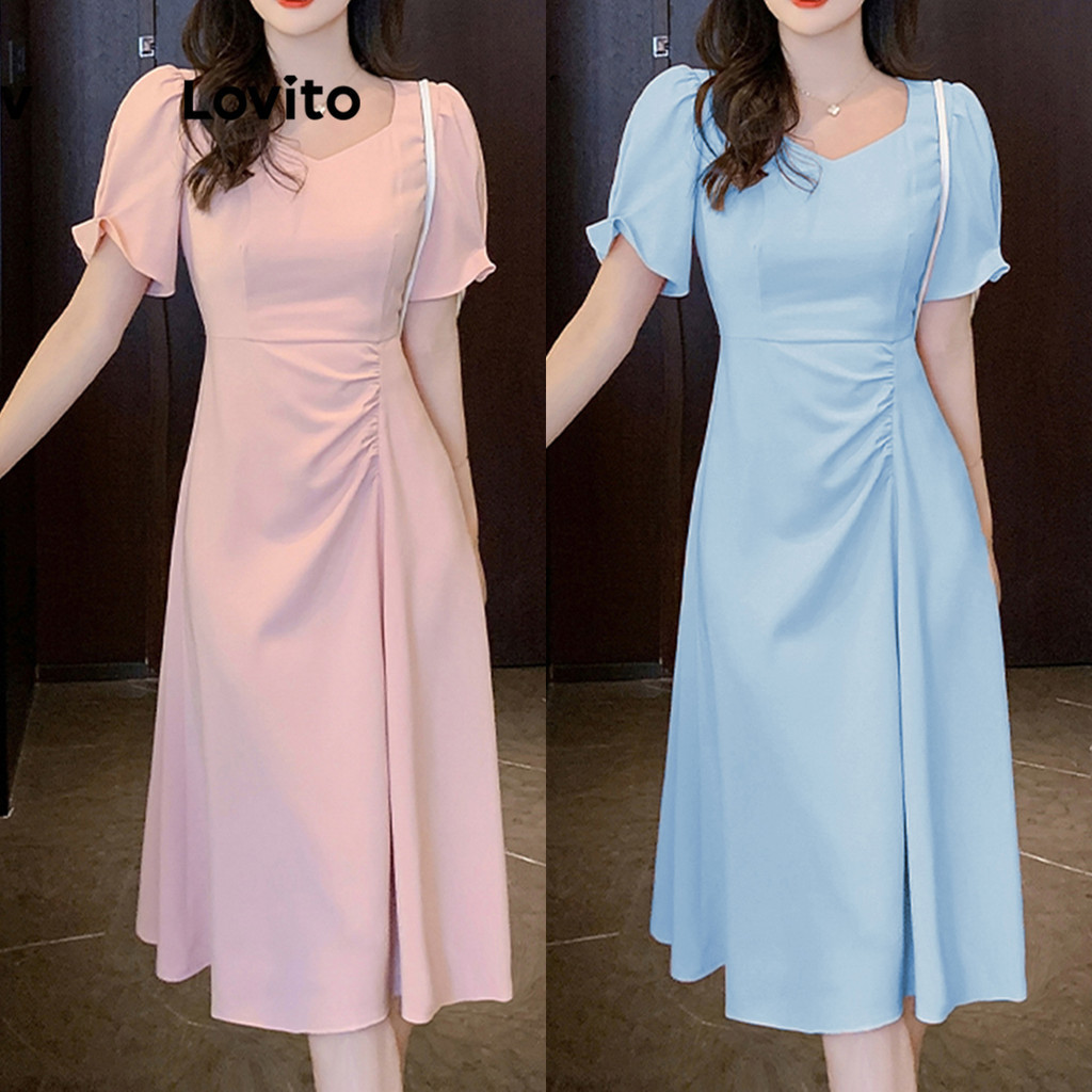 Lovito Elegante Vestido Feminino Liso Plissado Plicado Evasê LNE34101 (Rosa)