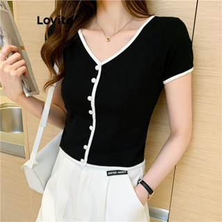Lovito Camiseta feminina casual lisa colorblock com botão frontal LNE52453