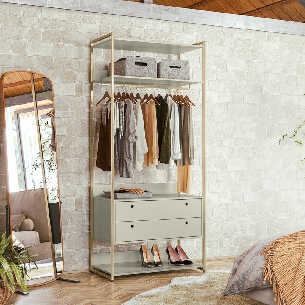 Guarda-Roupa Closet Industrial Olivar com Cabideiro 2 Gavetas 89cm - Off White em Oferta na Shopee