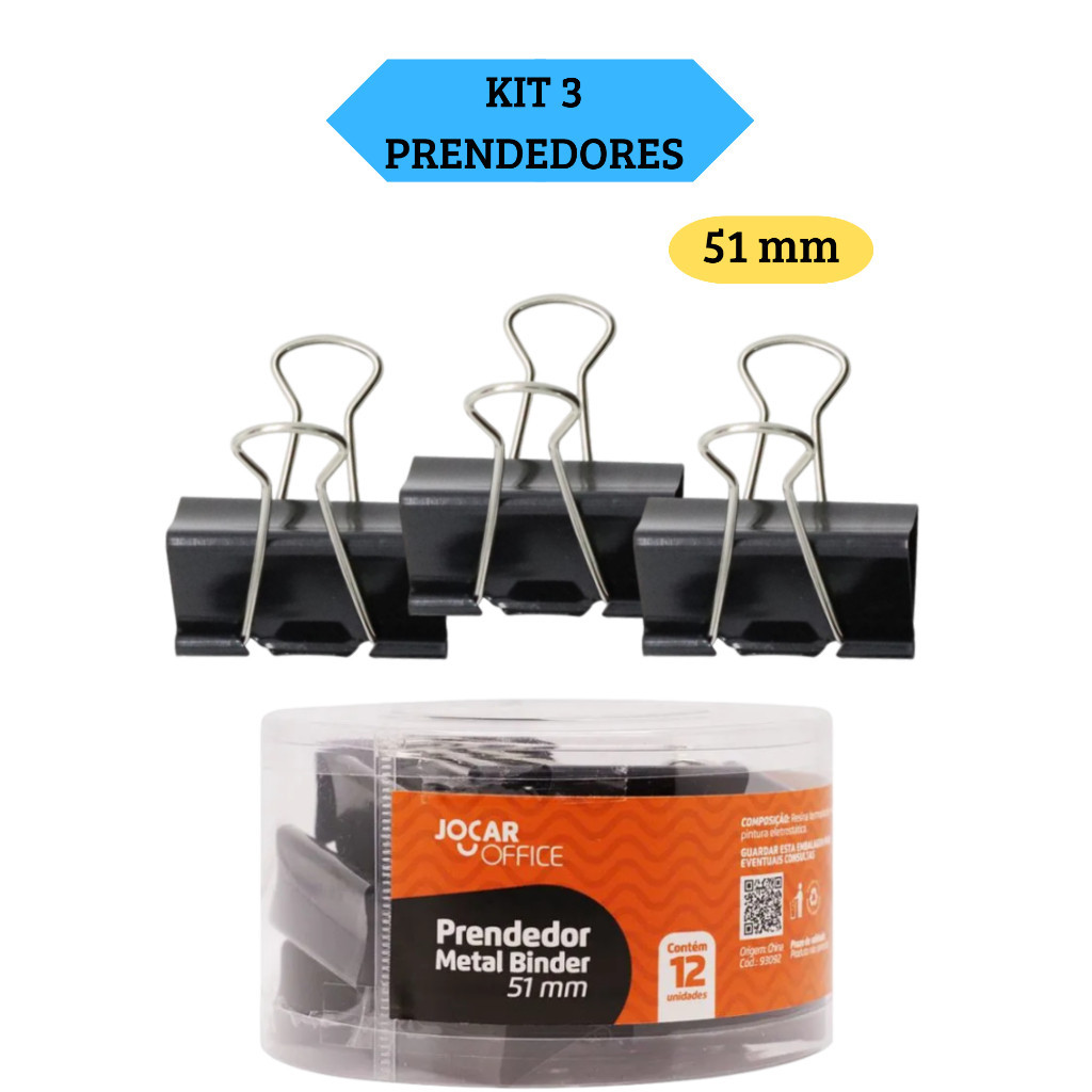 Kit 3 Prendedores Metal Binder Preto 51Mm Jocar Office