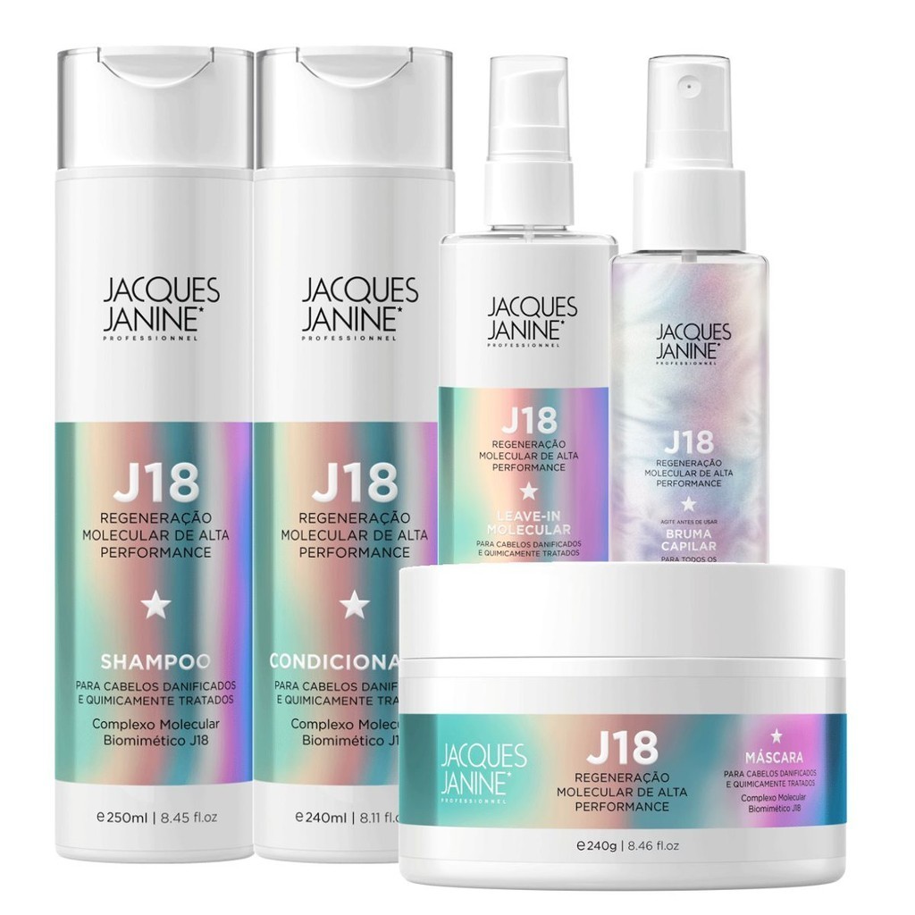 Kit Jacques Janine J18 Shampoo Condicionador 240ml Máscara 240g Leave-In 118ml Bruma Glow 120ml em Oferta na Shopee