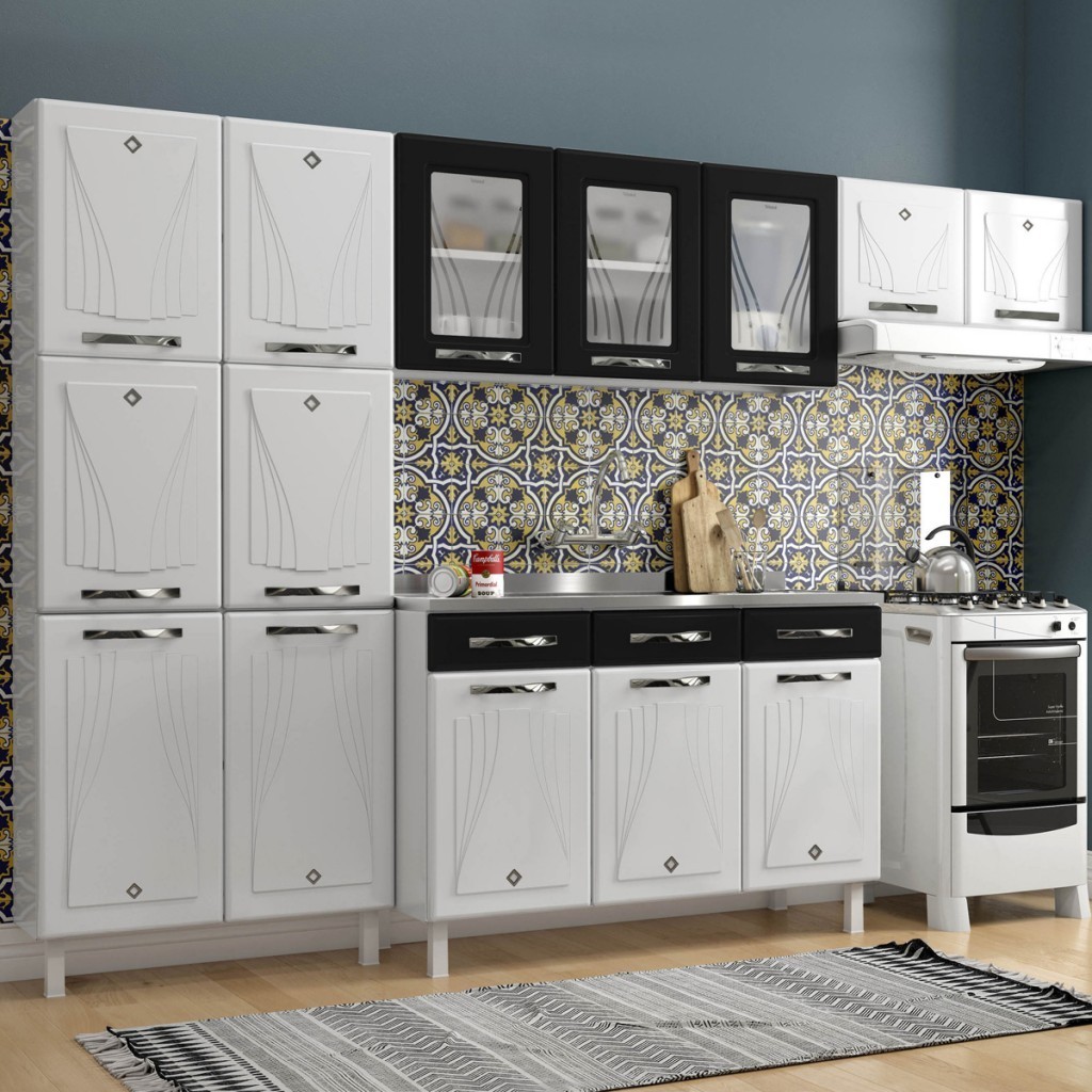 Armário de Cozinha Compacta de Aço Completa Star New 14 Portas 2 Gavetas Branco/Preto - Pnr Móveis em Oferta na Shopee