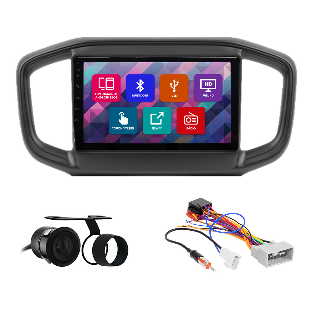 Kit Multimídia 9 Pol Strada 2021 2022 Espelhamento Android Ios 2 Din Preto Camera Ré em Oferta na Shopee