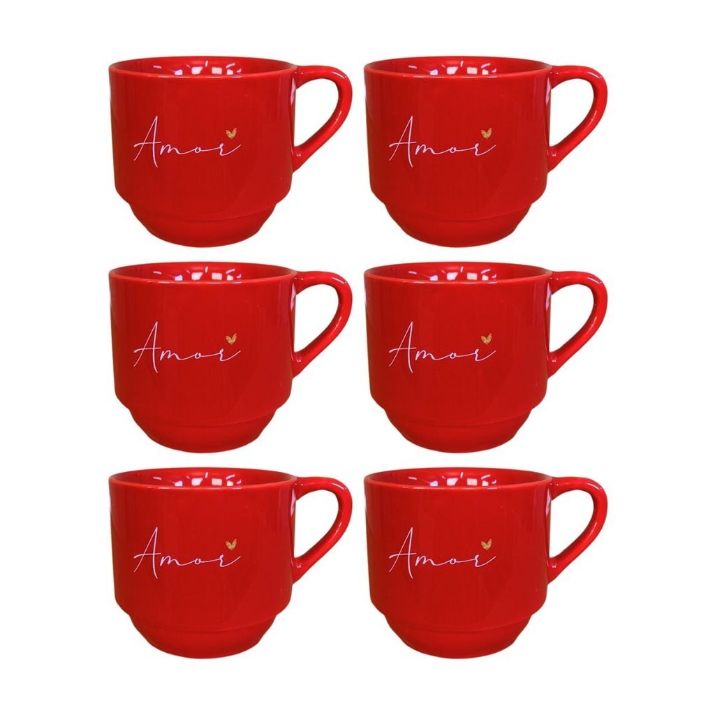 Conjunto Com 6 Xícaras Hotel Empilháveis Amor Moderno Vermelho 170 ml