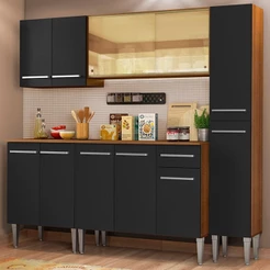 Cozinha Completa Madesa Emilly West com Balcão, Armário Vidro Reflex e Paneleiro - Rustic/Preto