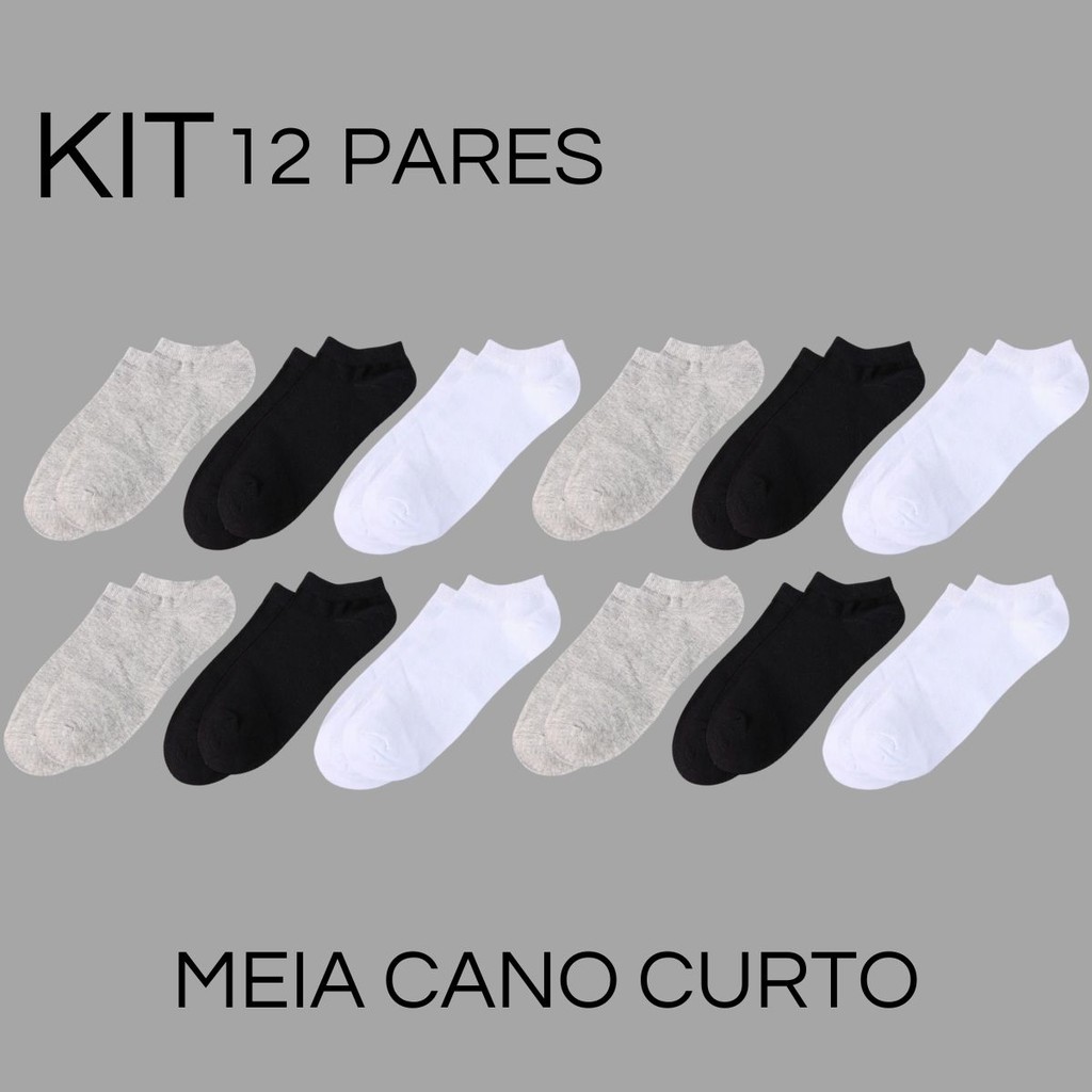 Kit 12 / 6 / 3 Pares de Meias Cano Curto Soquete Lisas Unisex em Poliester e Algodão Tamanho 34-38 Cores