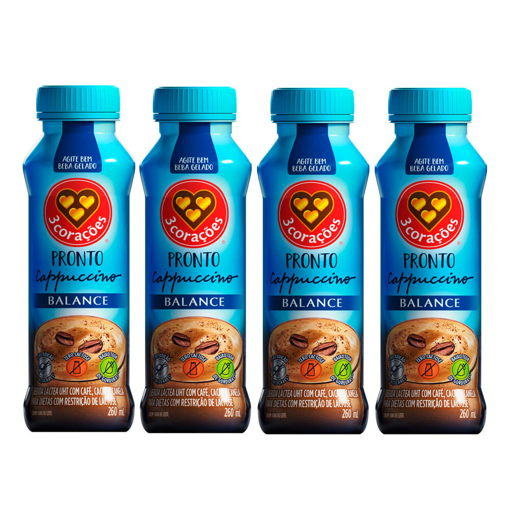 Kit 4 Cappuccino Pronto Balance 3 Corações Zero Lactose 260ml em Oferta na Shopee